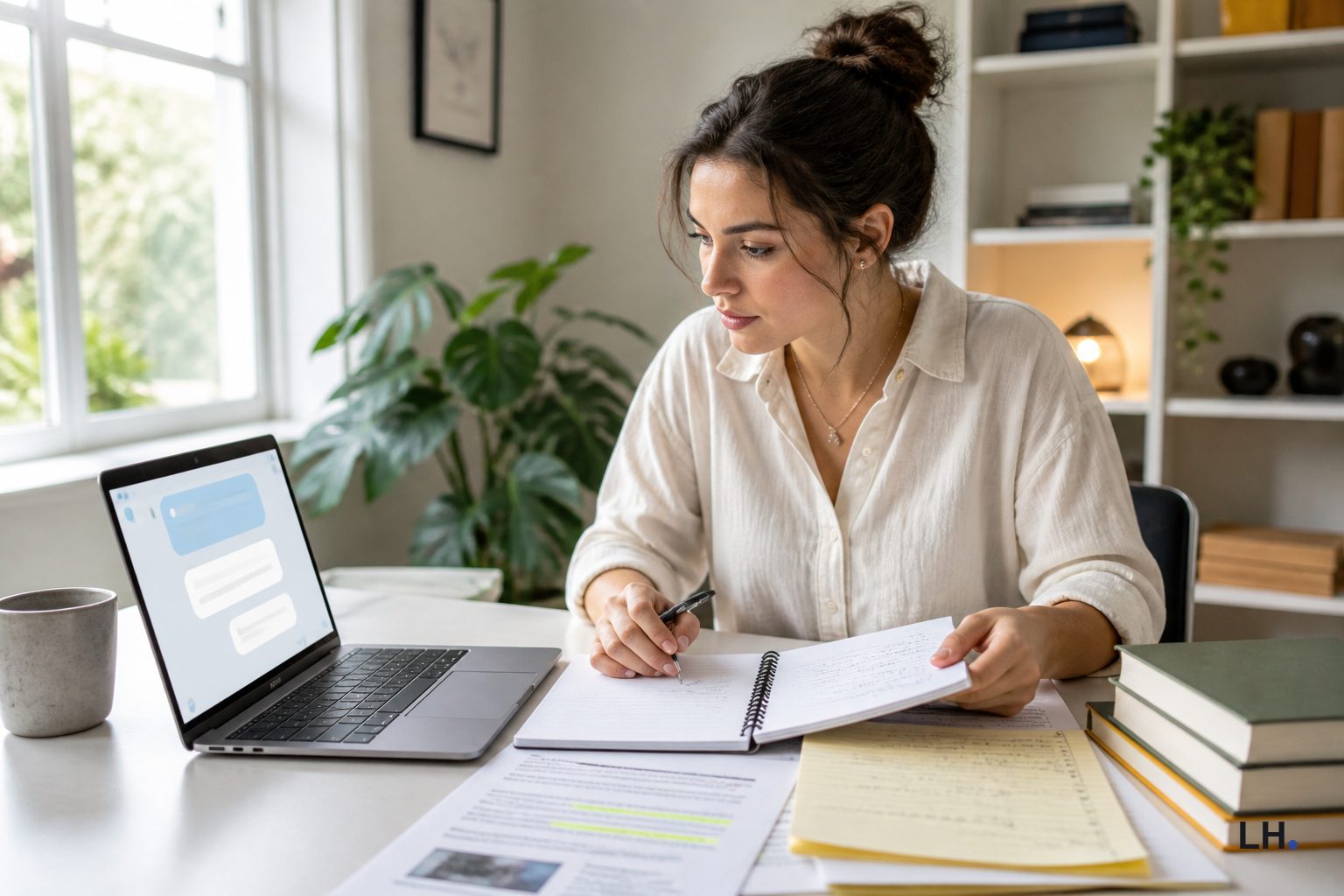 A woman checking notes beside a laptop with an AI chatbot answer on screen.
