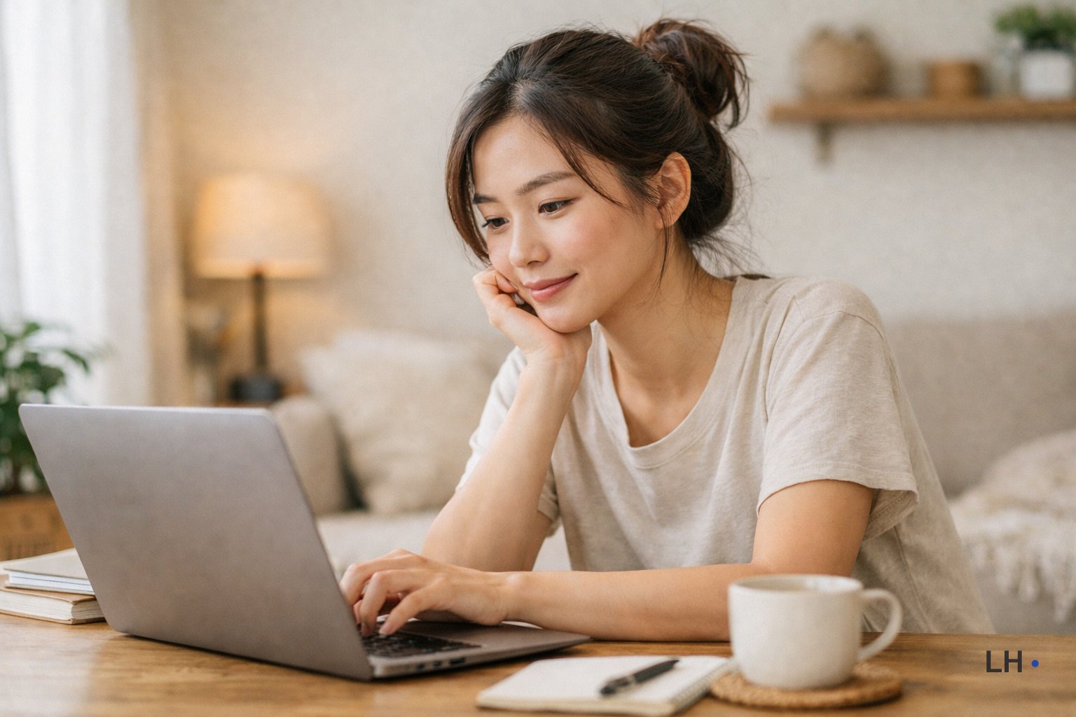 A person using a laptop at home while evaluating chatbot options.