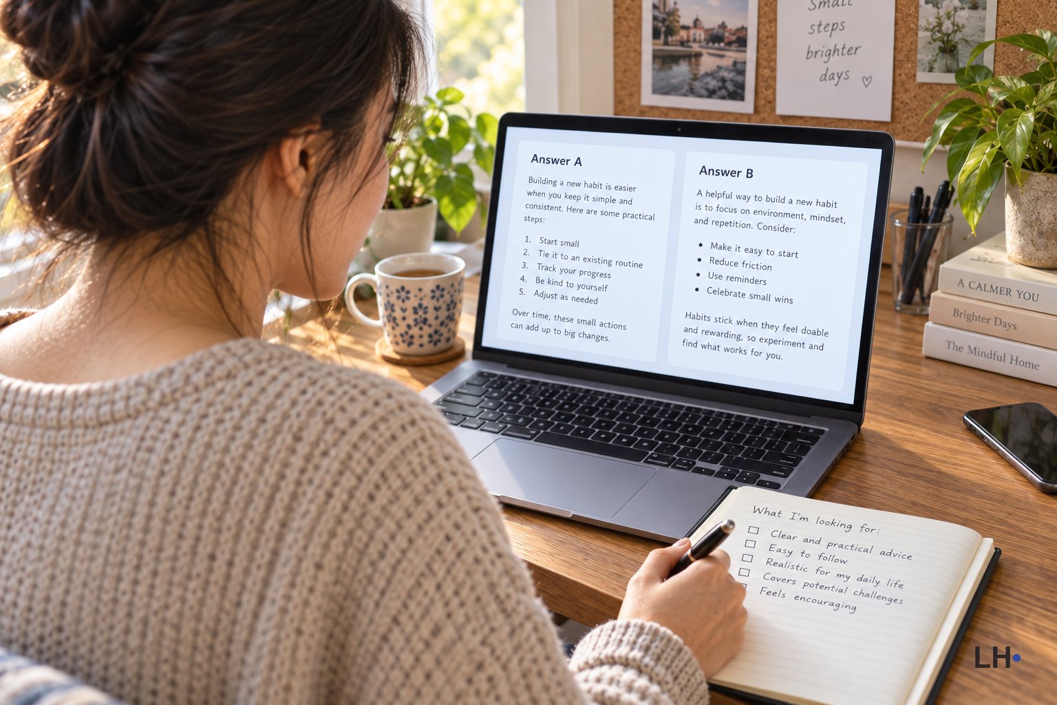 A woman reading two chatbot answers on a laptop beside a notebook of task criteria.