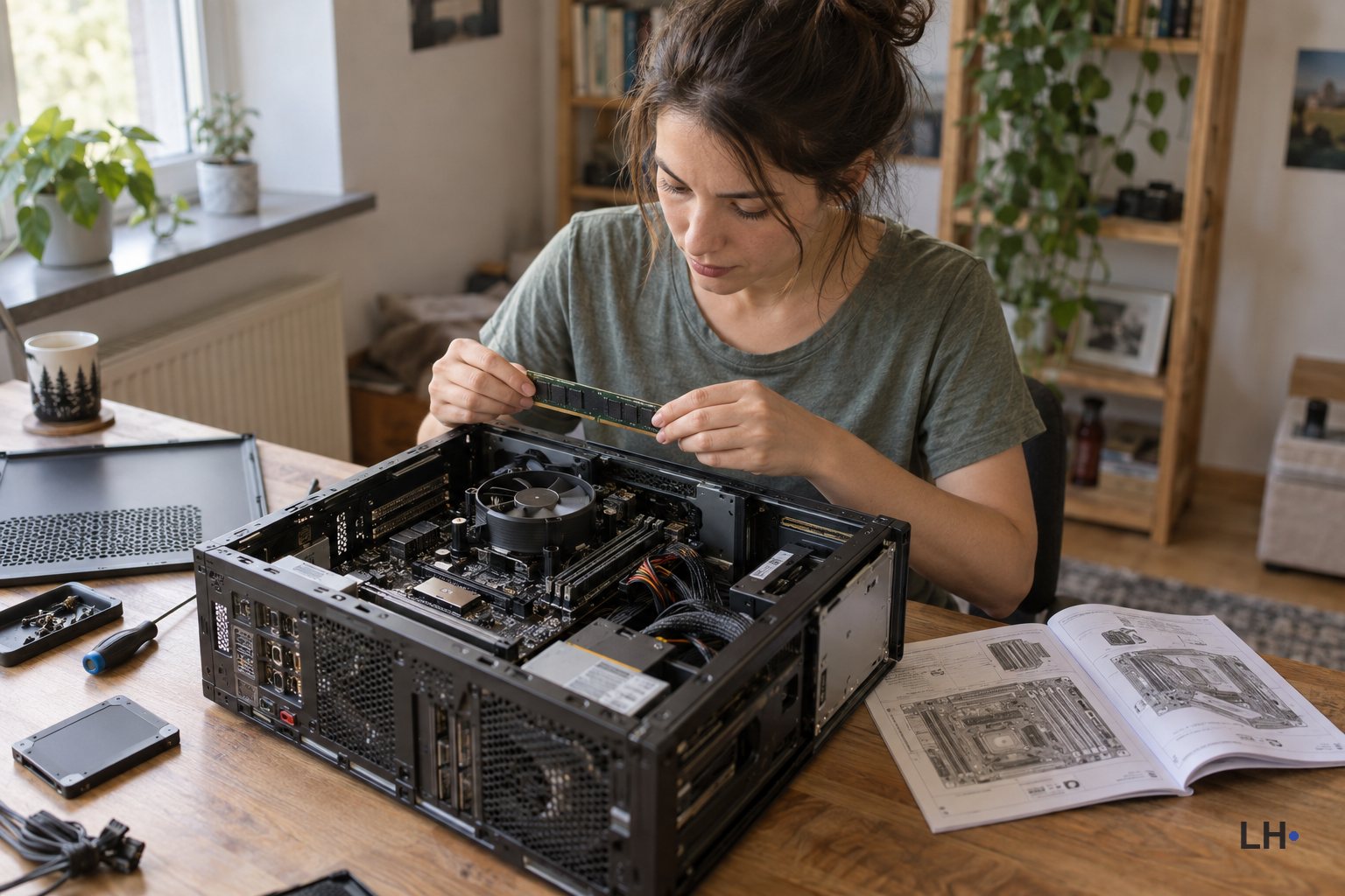 A woman holding a memory module above an open desktop PC, with a manual and tools beside her.