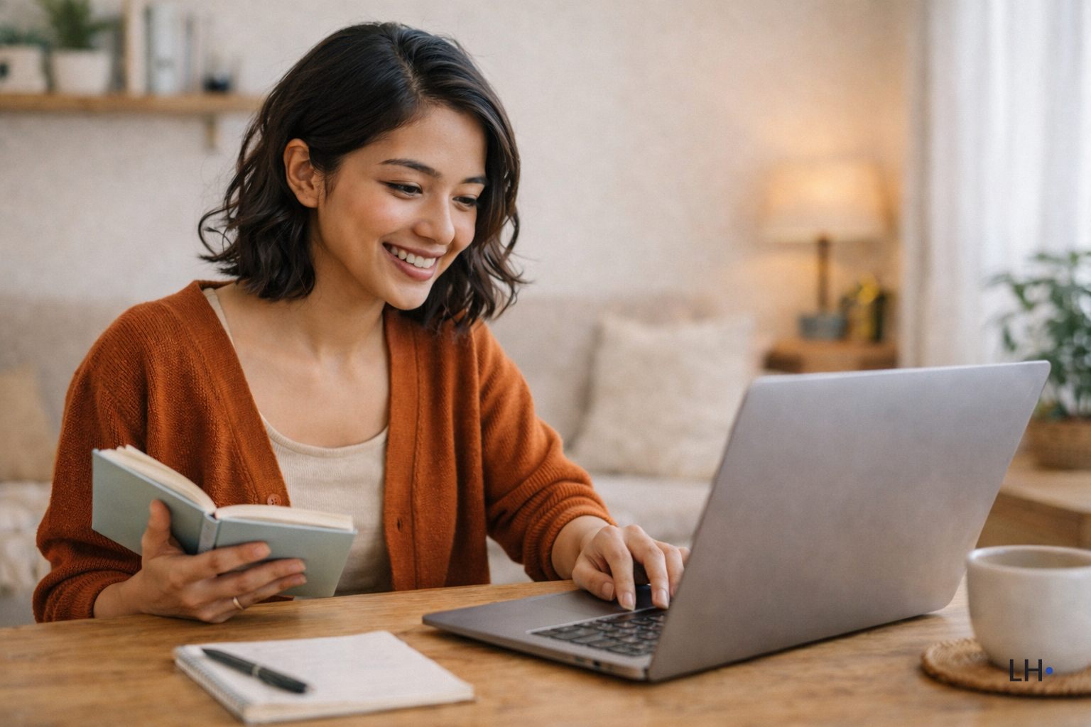 A person using a laptop and notebook while working with a chatbot at home.