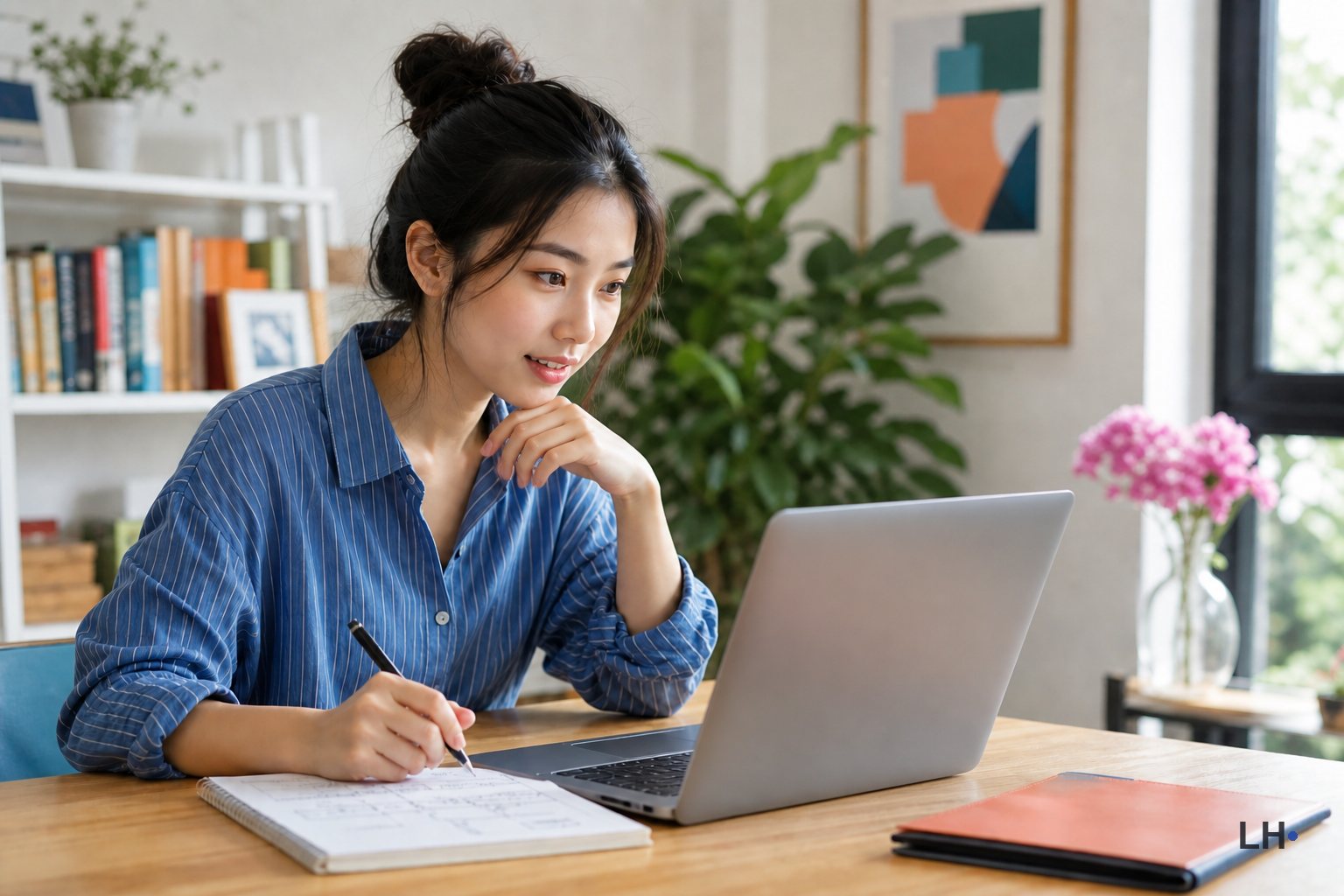 A young woman takes notes while looking directly at a laptop in a bright home workspace.