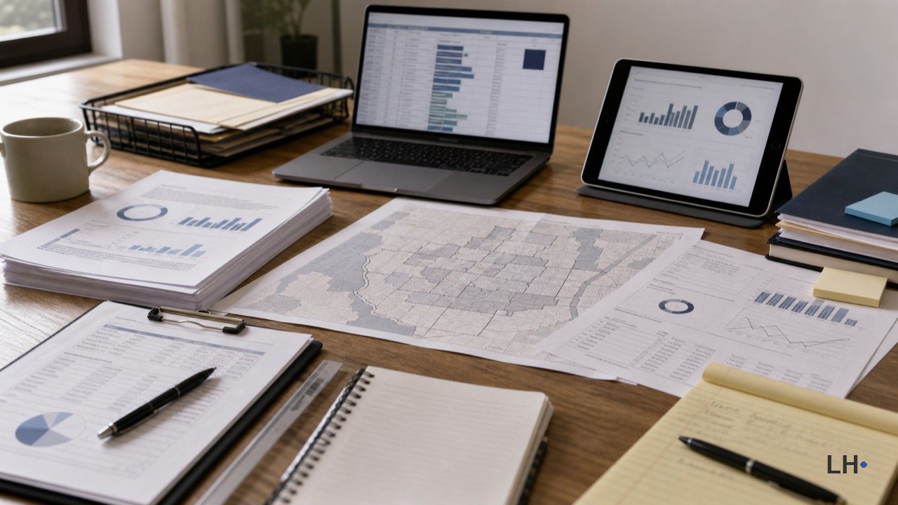 Editorial photo-style image of generic campaign-finance charts, a neutral unlabeled map, and laptops on a civic reporting table.