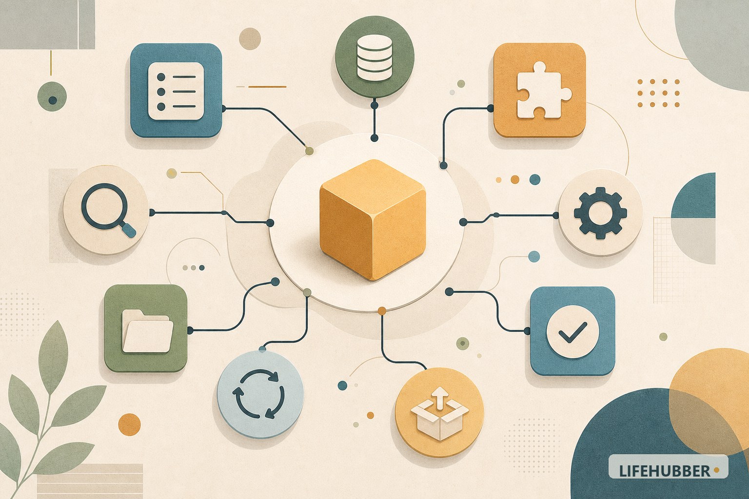 Abstract illustration of an AI model core connected to tools, memory, review, and workflow blocks.