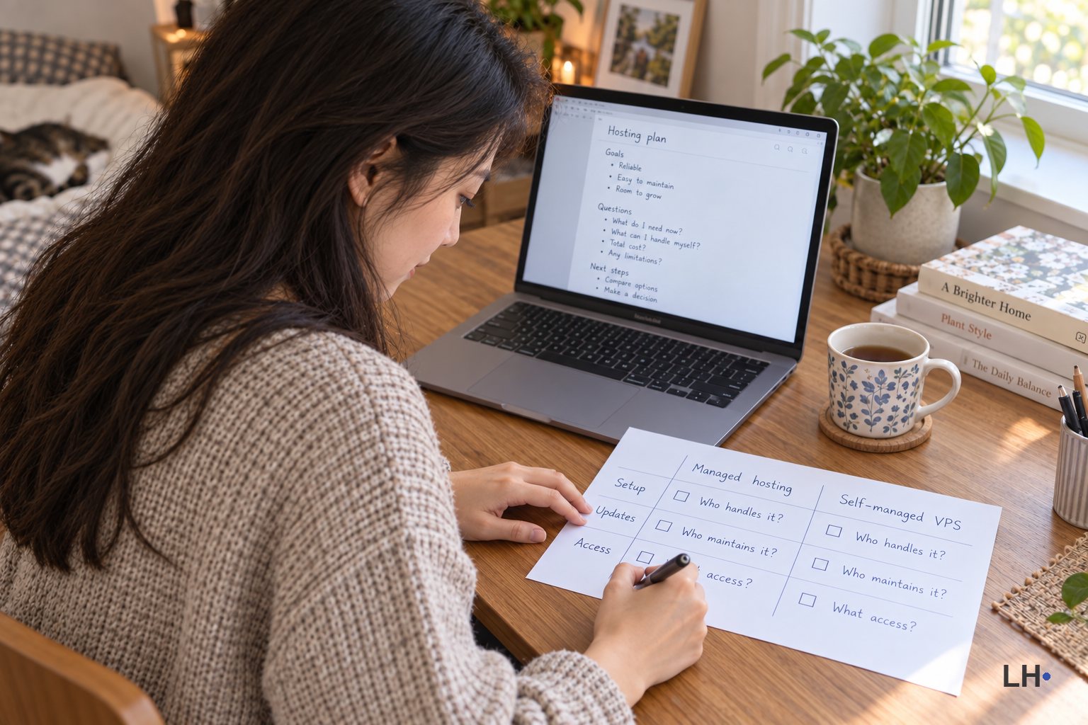 A woman writing on a hosting comparison sheet beside a laptop, with questions about setup, updates and access.