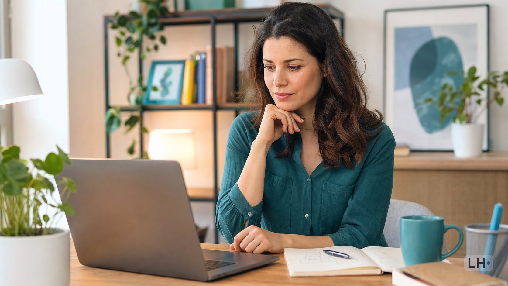 An adult woman reviewing AI agent hosting setup options on a laptop in a home workspace.
