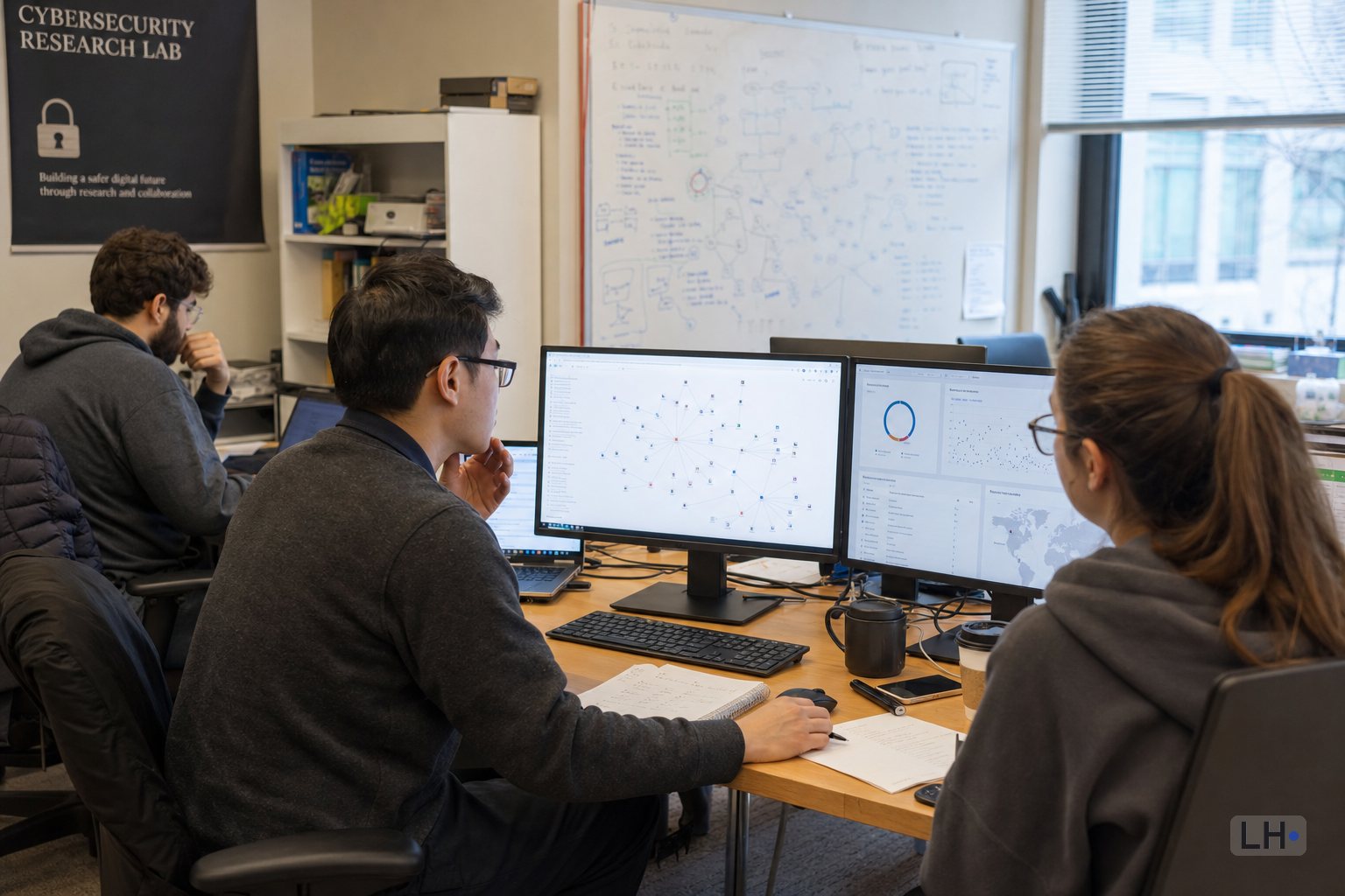 Illustrative lab-setting image of cybersecurity researchers reviewing network screens, not the actual University of Toronto lab or named researchers.