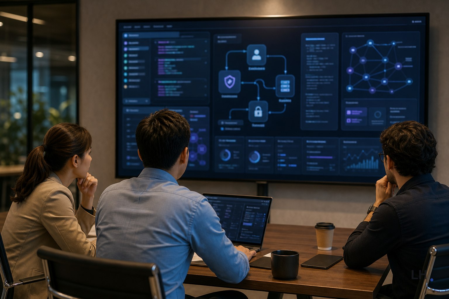 Security team reviewing an abstract AI access dashboard with verification gates.