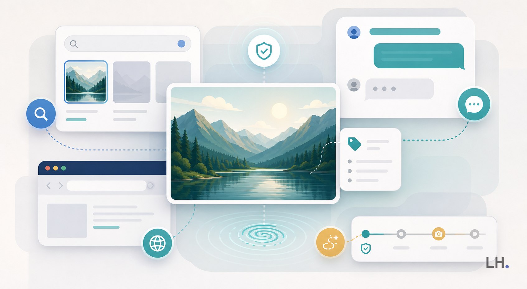 Editorial illustration of a media image with AI-origin signals appearing across search, browser, and chat surfaces.