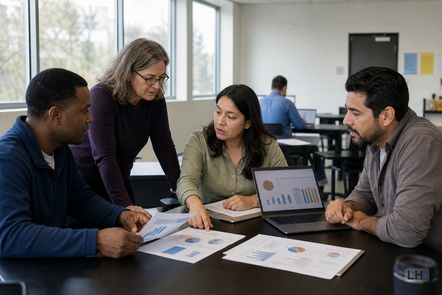 Editorial photo-style image of a policy and economic research group reviewing labor-market charts in a conference room.