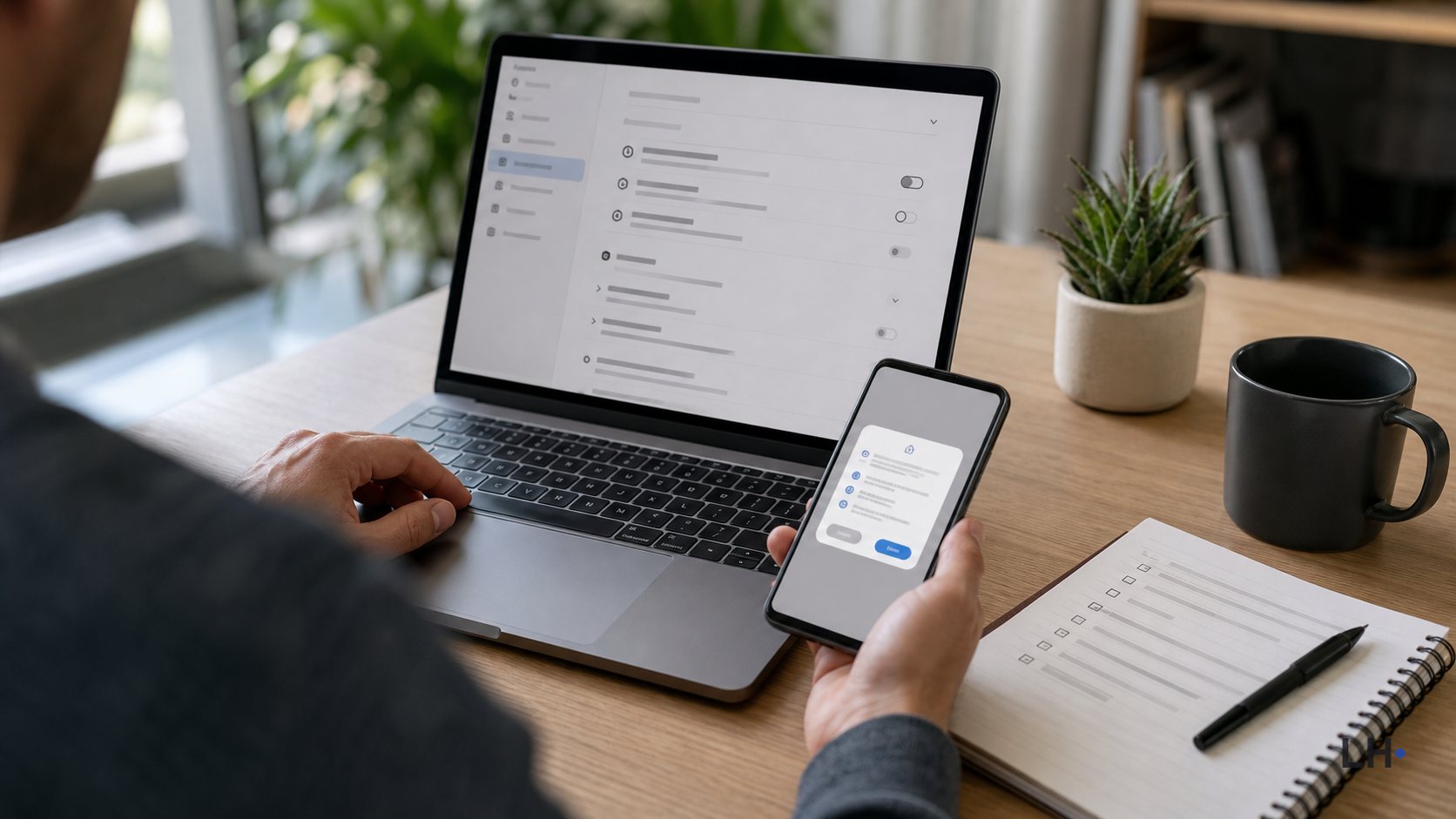 Editorial photo-style image of a person reviewing generic privacy settings on a laptop while holding a phone with a connected-app permission prompt.