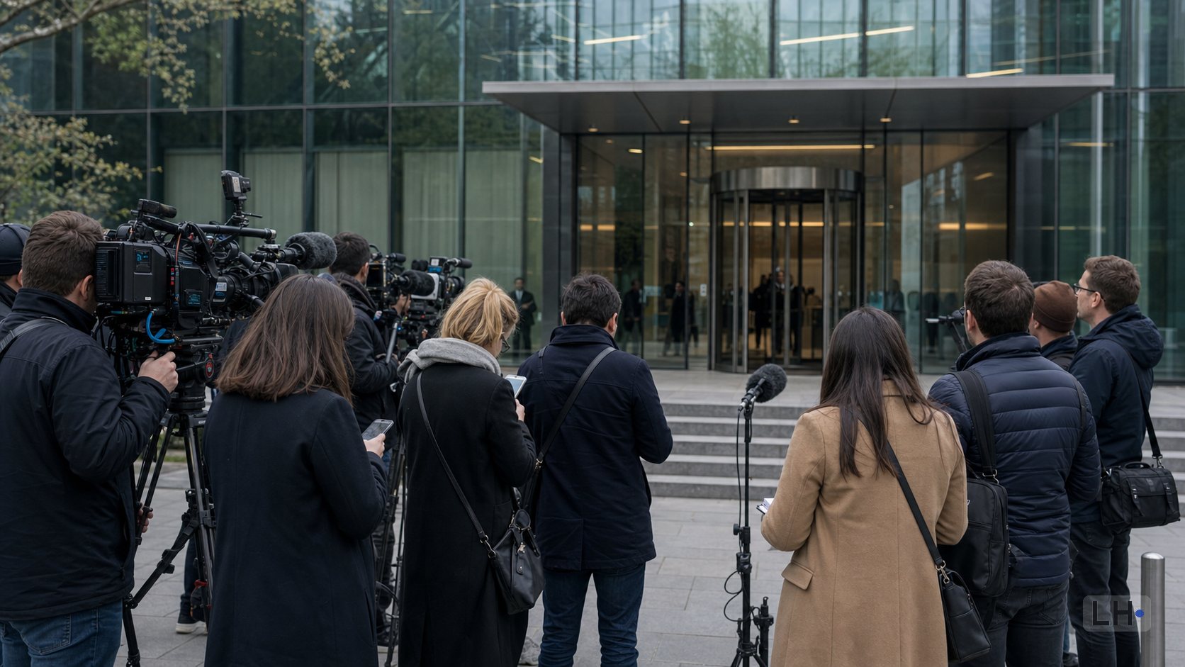 Editorial photo-style image of press and camera crews waiting outside a modern AI company office building.