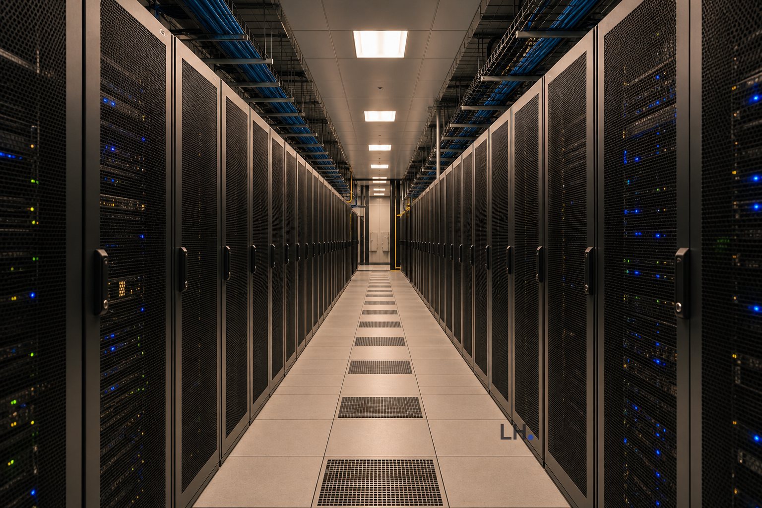 Data center server corridor for an AI compute capacity story.