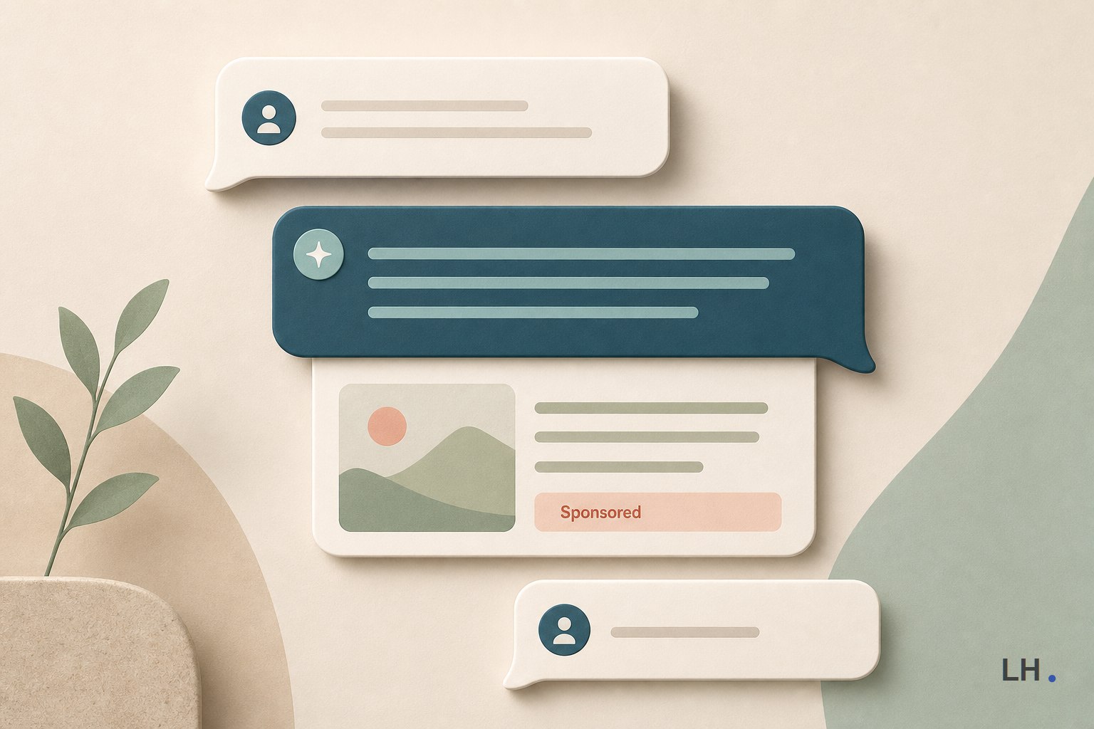 Abstract conversational AI interface with a clearly labeled sponsored card.