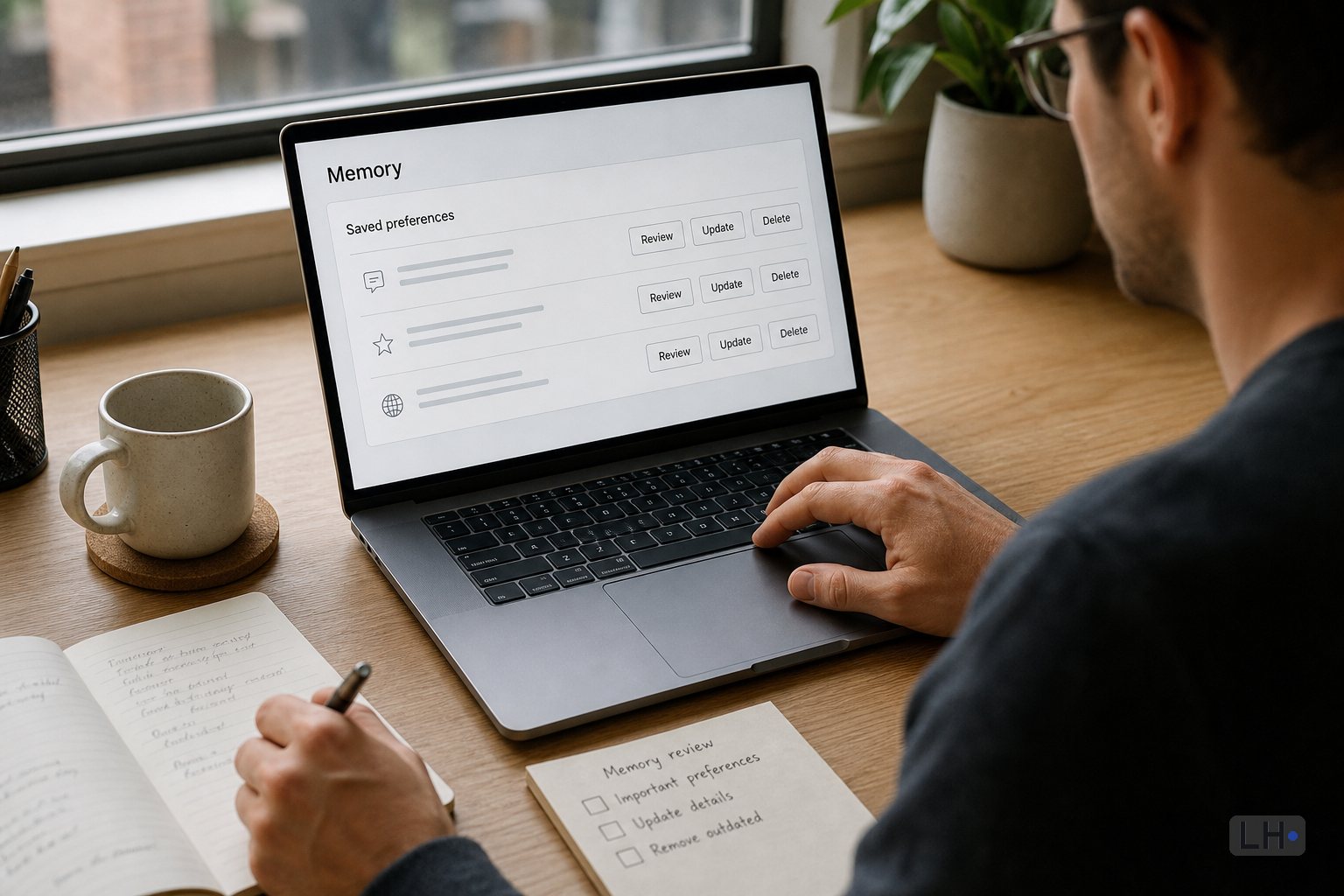 Illustrative photo-style image of a person reviewing generic AI memory settings on a laptop, with no brand or account details shown.