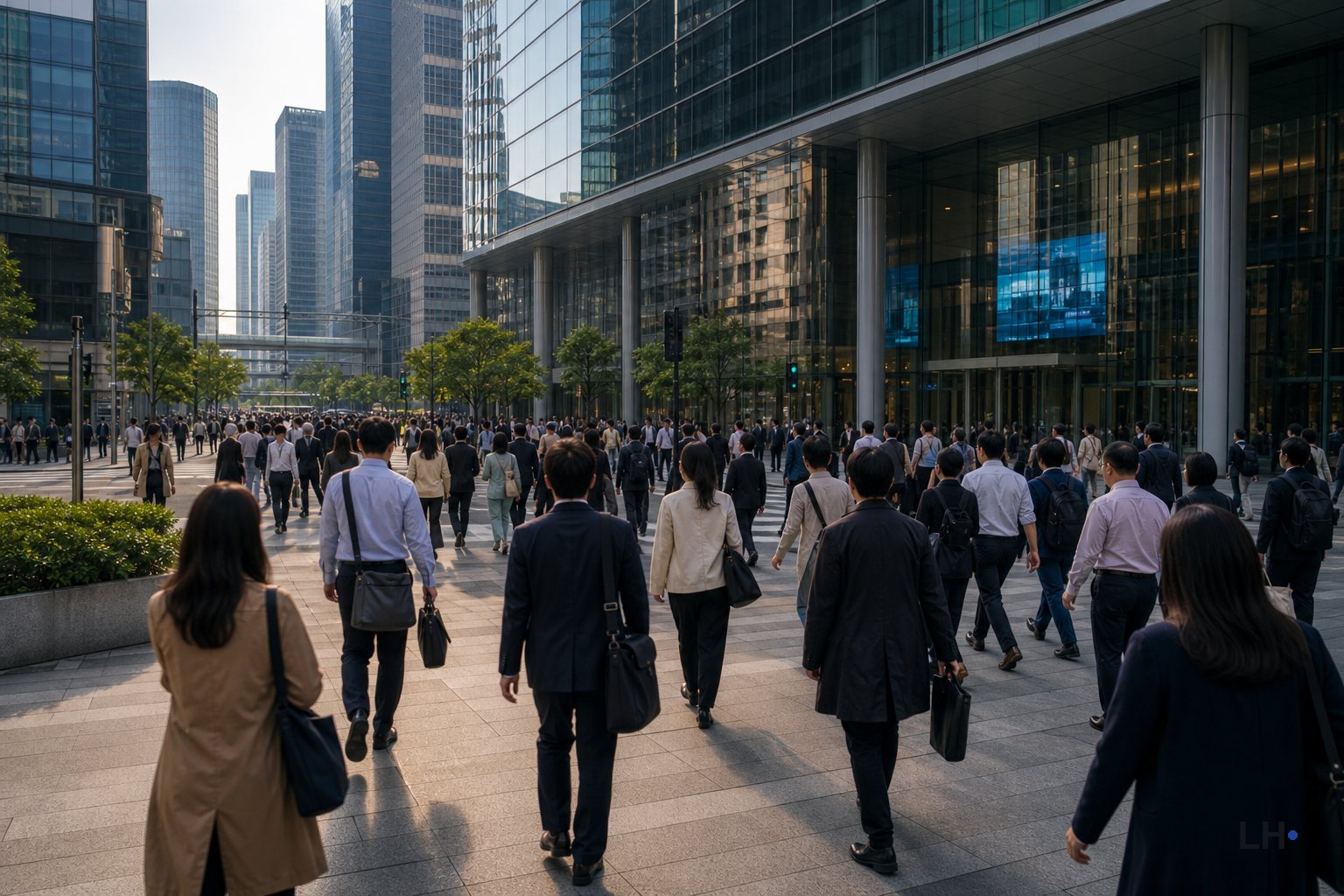 Office workers walking through a modern business district.