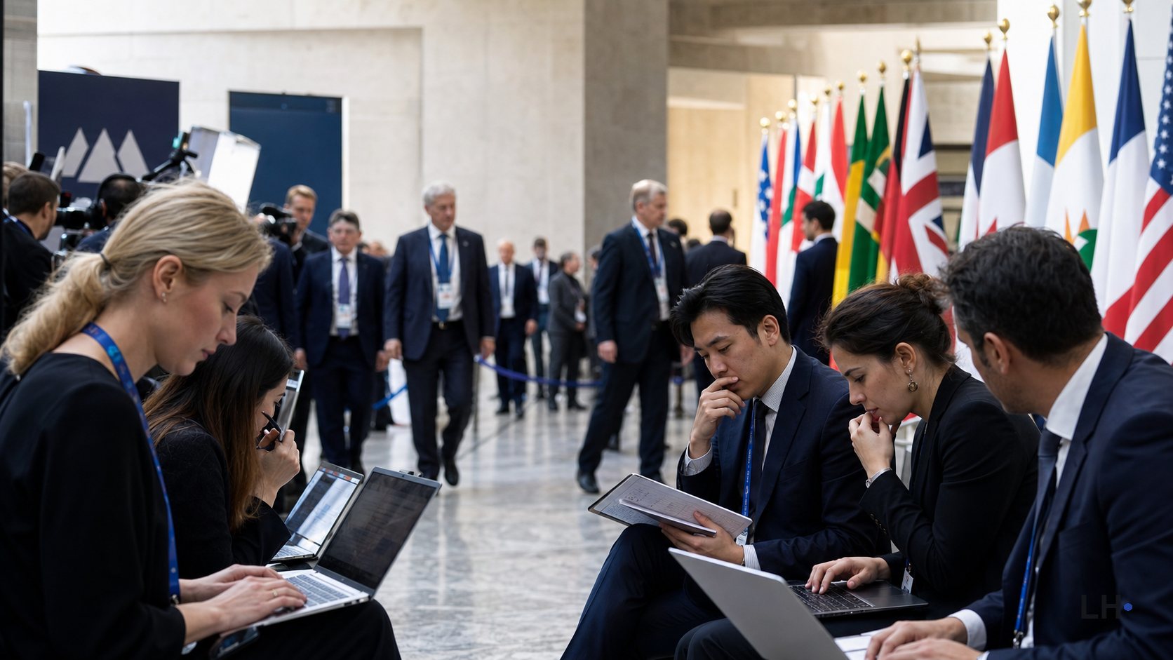 Illustrative photo-style image of a G7-like summit media corridor with delegates, flags, laptops, and policy notes.