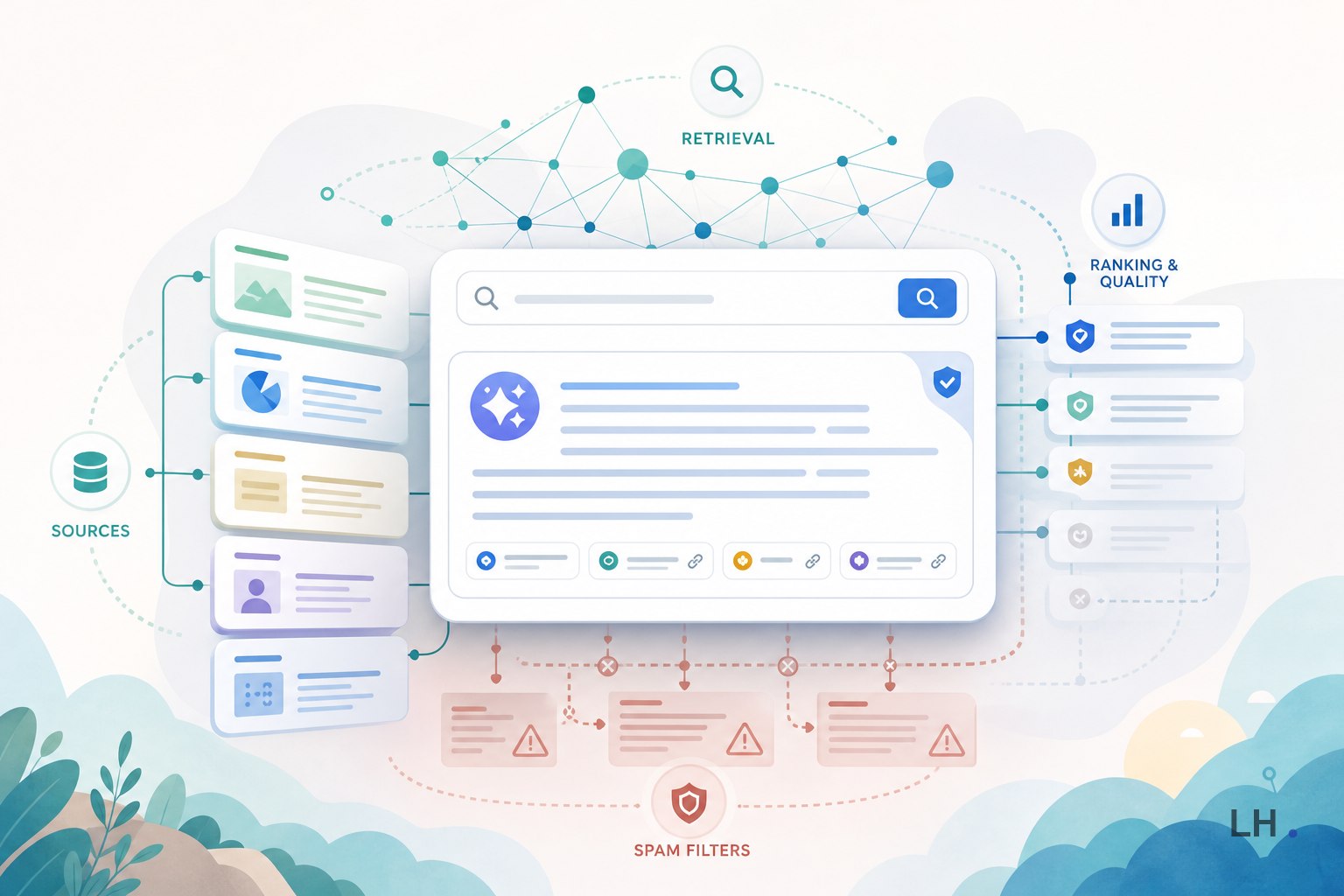 Editorial illustration of an AI search answer connected to sources, ranking systems, and spam filters.