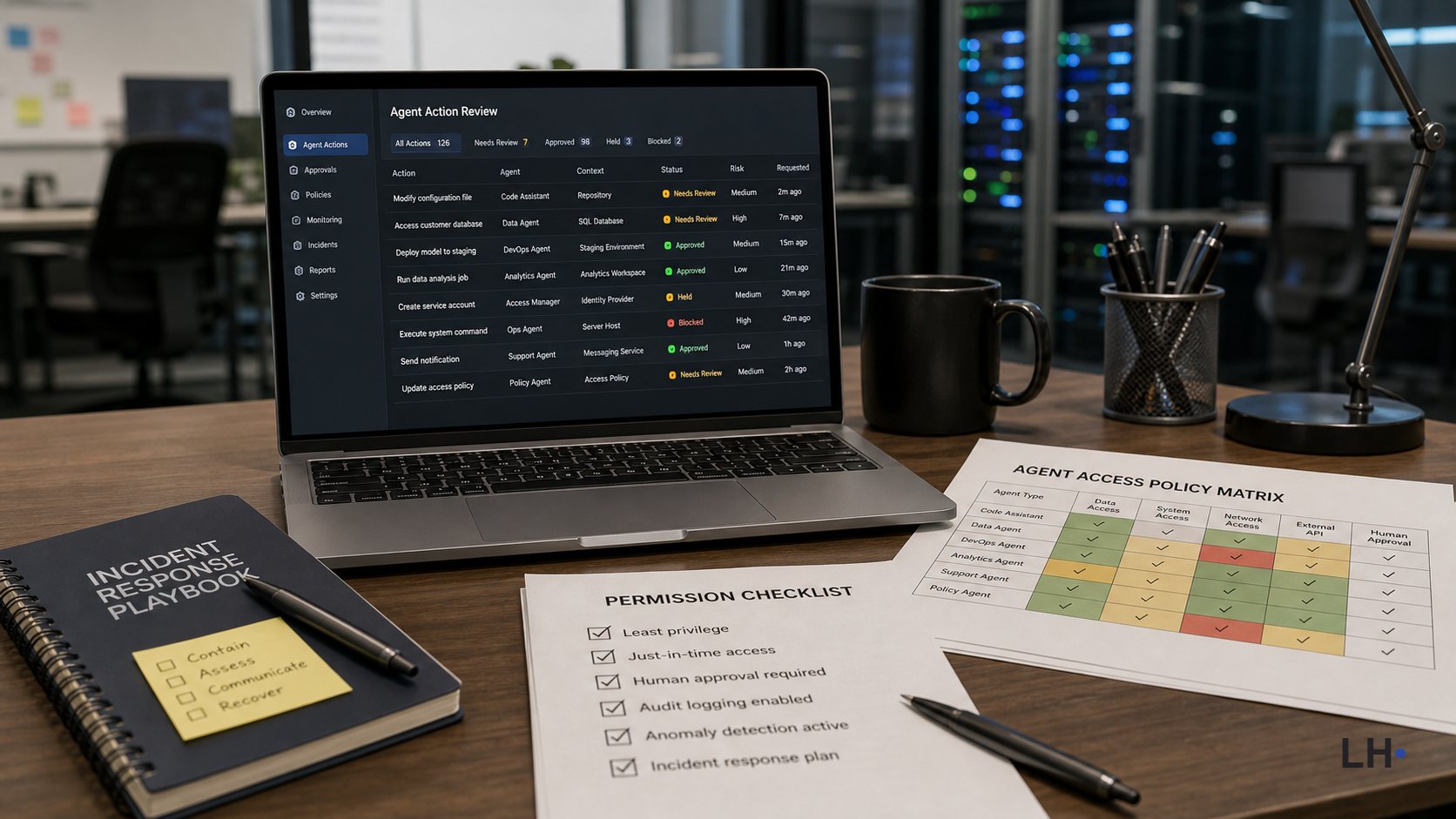 Illustrative photo-style image of an AI agent control review desk with a laptop queue, policy checklist, and security notes.