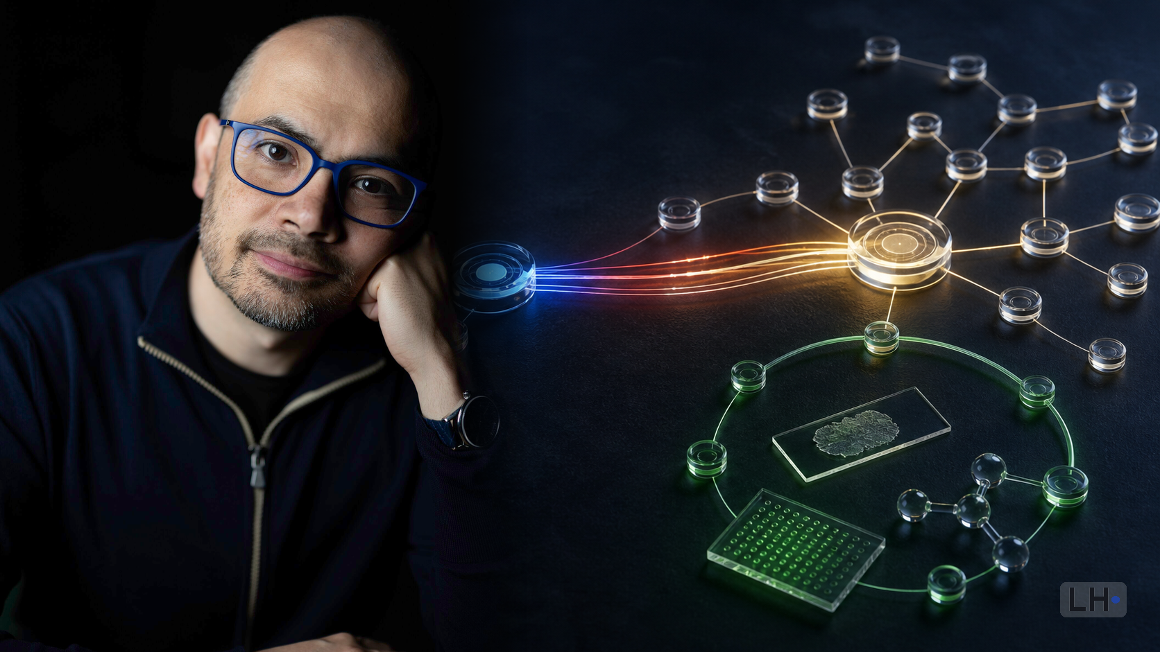 Demis Hassabis rests his head on one hand beside an illuminated network and science-themed objects on a dark surface.