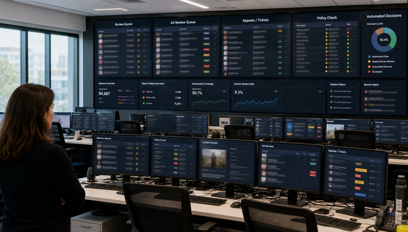 Editorial photo-style image of one platform moderation supervisor watching automated review queues, appeal tickets, and ad review dashboards.