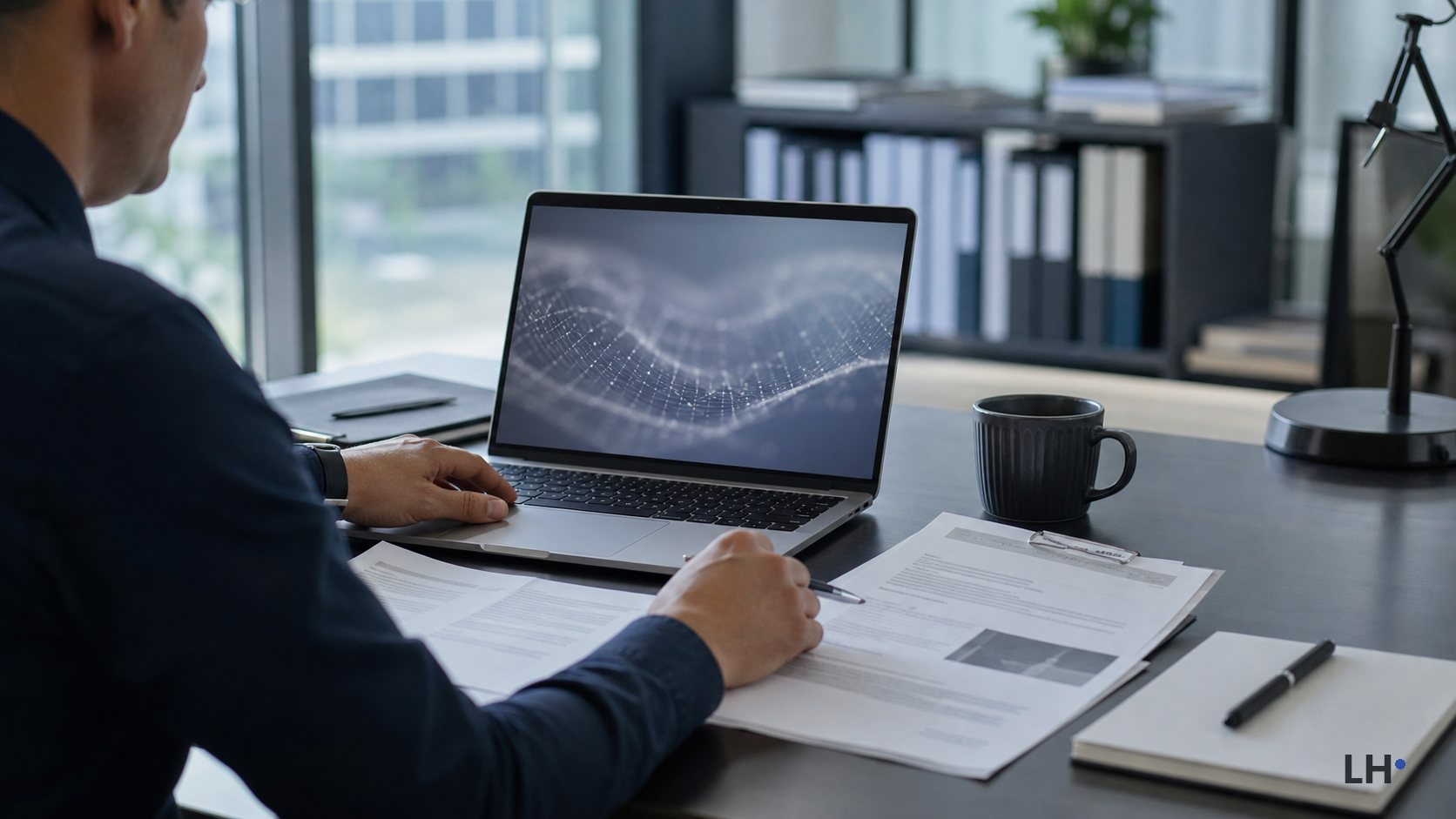 Editorial image of a person reviewing AI-related report papers beside a laptop.