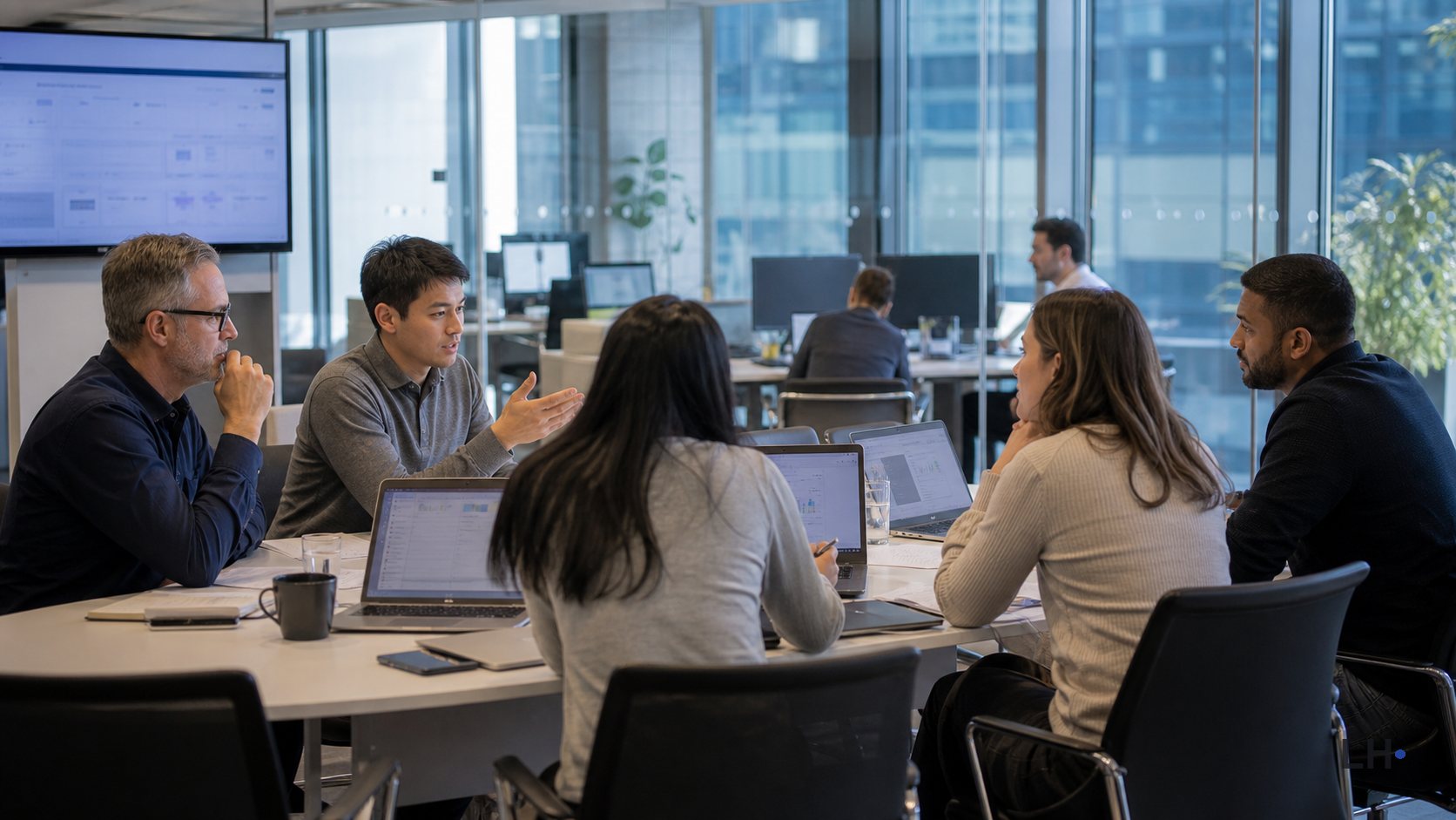 Editorial photo-style image of office workers discussing laptops and blurred enterprise workflow screens in a modern workplace.