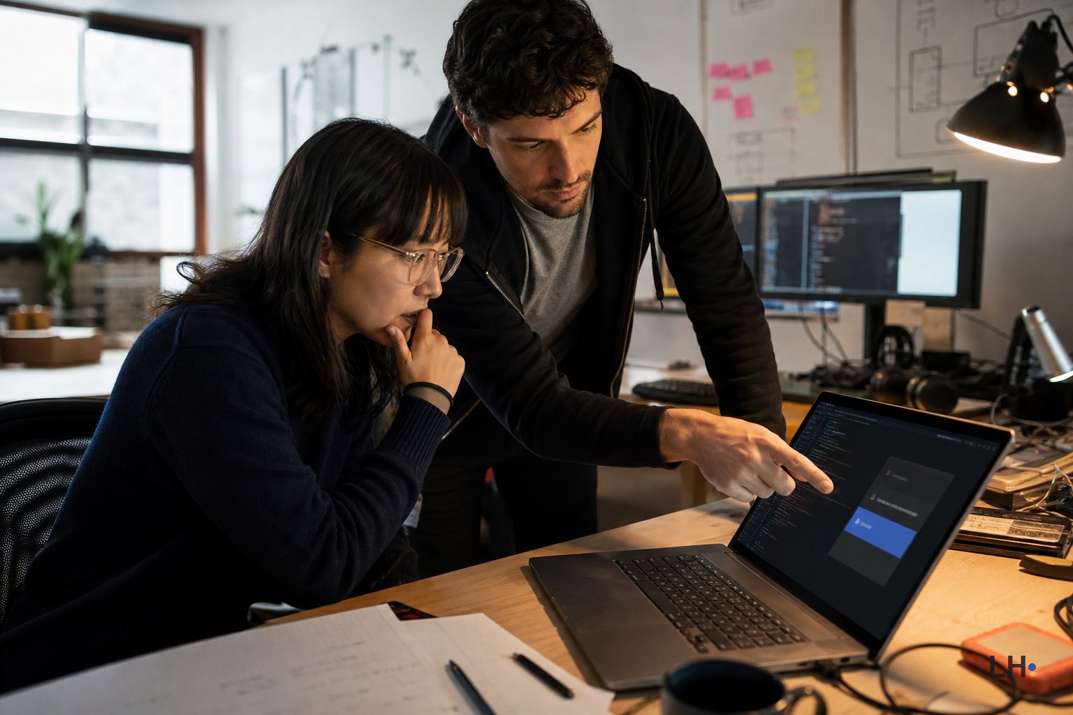Two developers study a laptop together as one points to options beside a code editor.