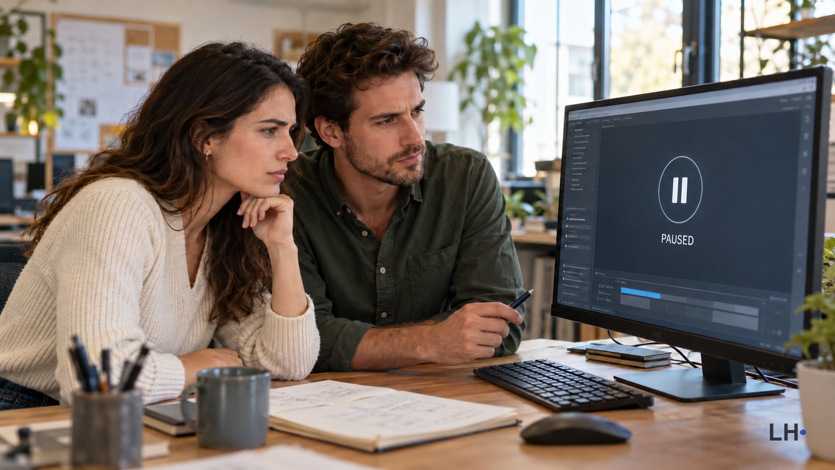 A woman and a man study a desktop monitor displaying a pause symbol and the word PAUSED.
