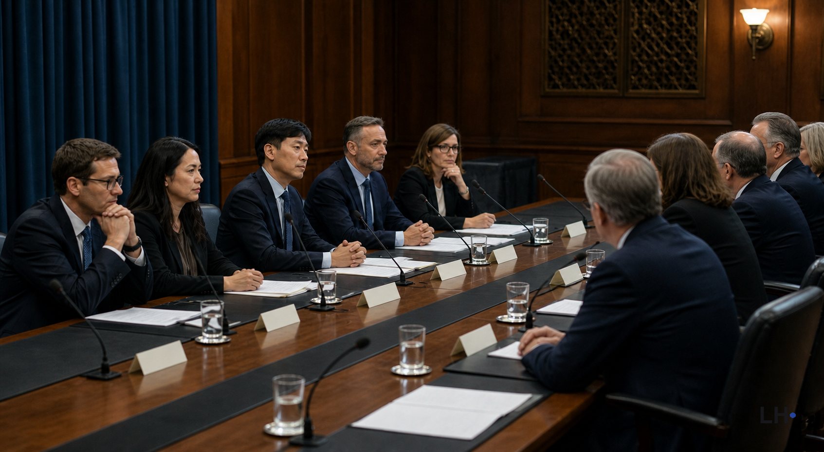 Editorial photo-style image of AI executives facing a government review panel in a formal briefing room.