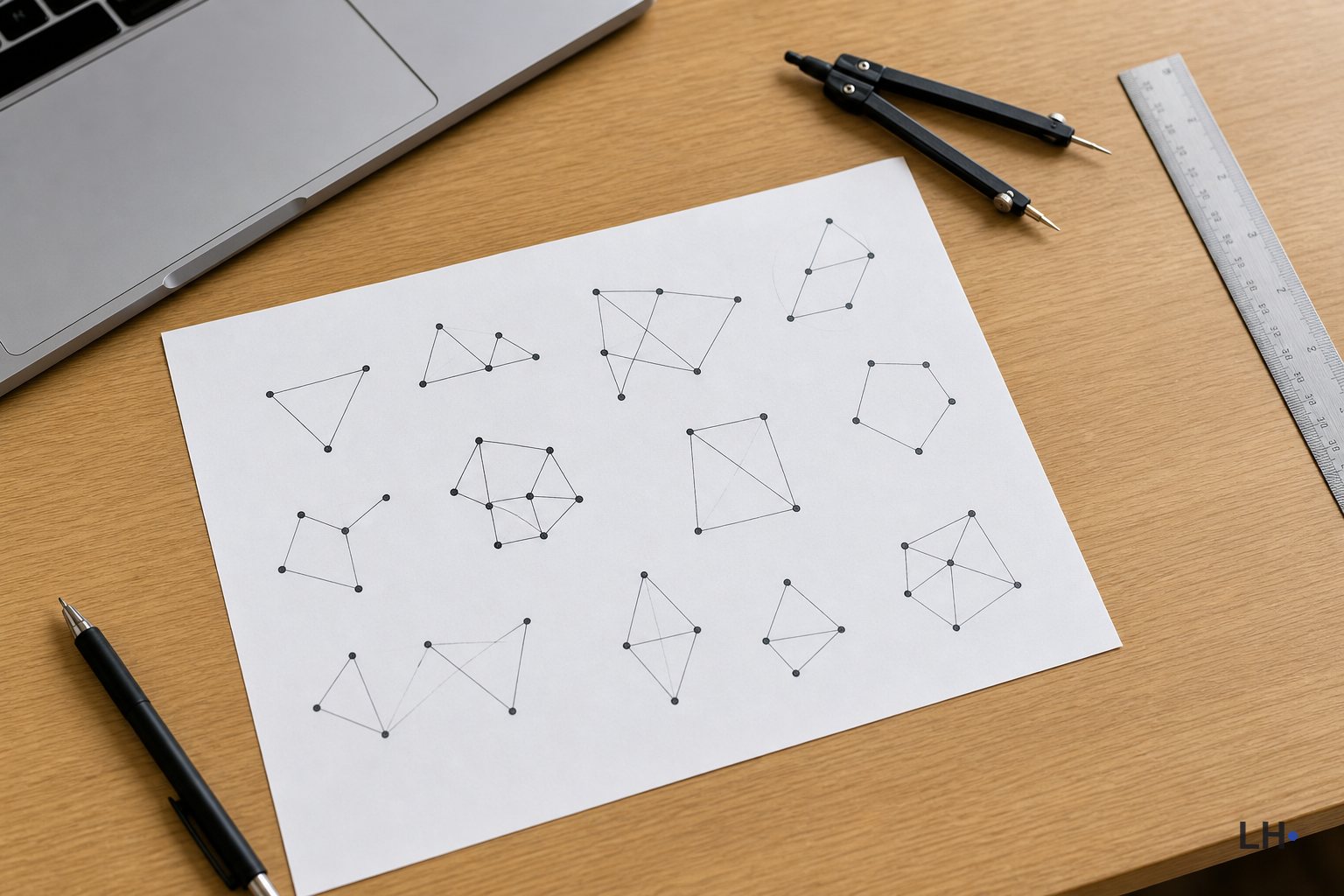 Editorial image of a research desk with geometric dot patterns and verification tools.