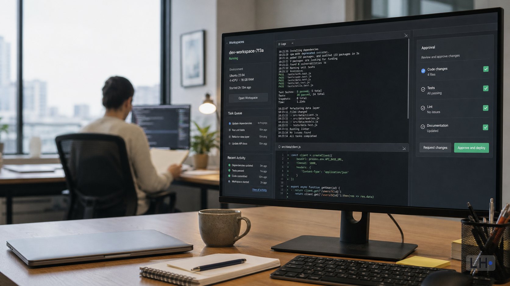 Editorial photo-style image of a closed laptop beside a generic cloud coding workspace with logs and approval checks on a monitor.