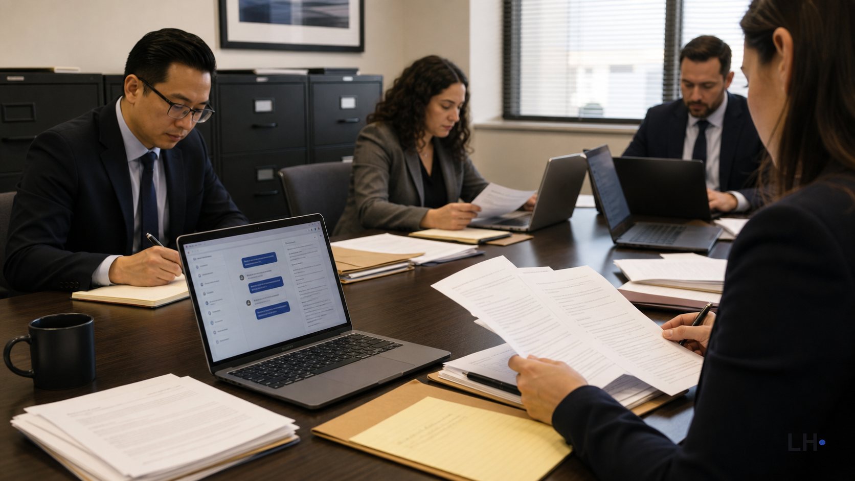 Editorial photo-style image of a public-sector office reviewing documents beside laptops with a generic chatbot screen.