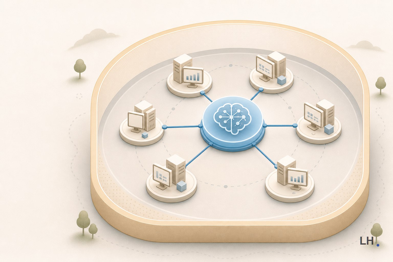 Abstract AI safety lab network diagram showing a contained replication test.