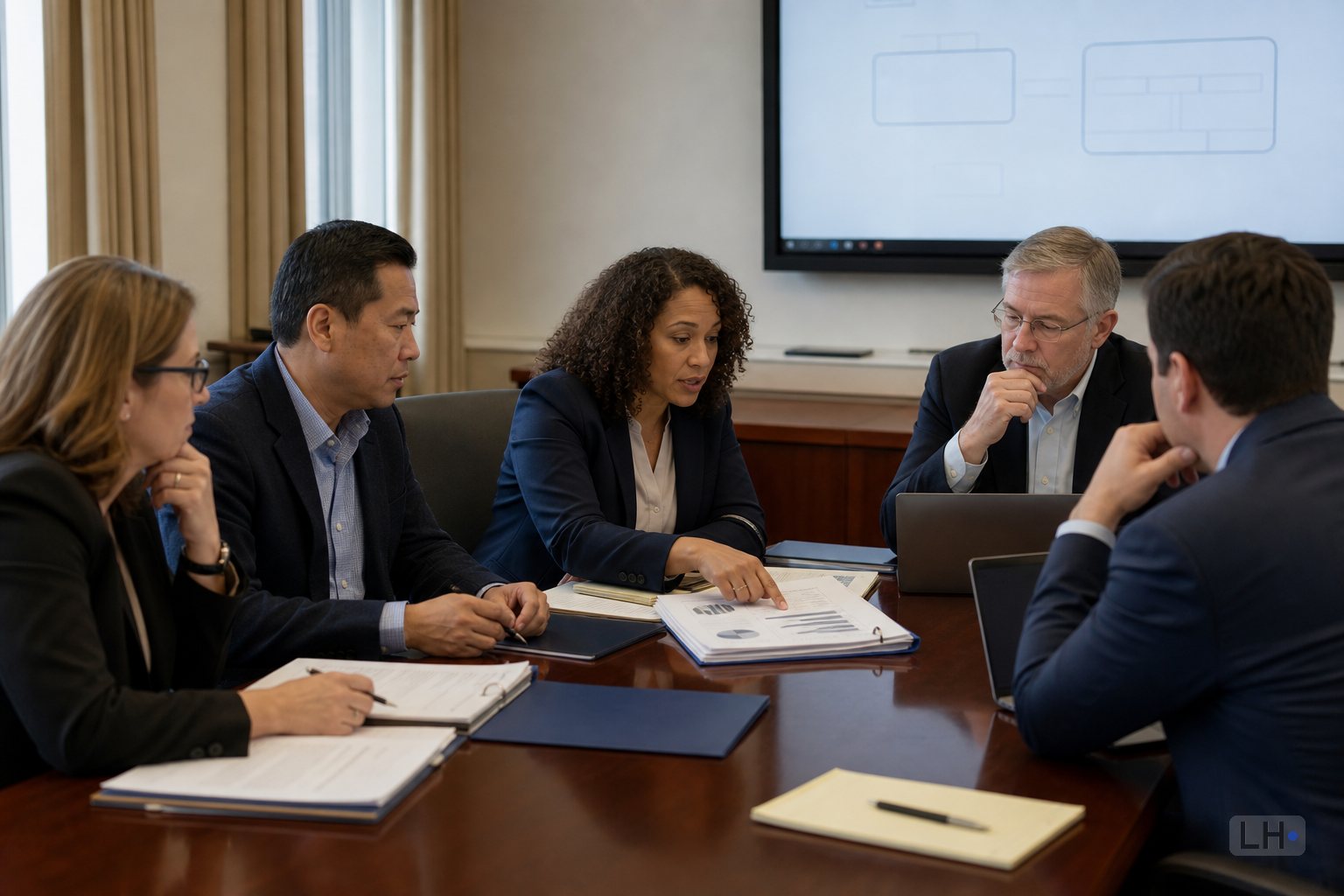 Editorial photo-style image of policy and cybersecurity staff reviewing AI security documents in a conference room.