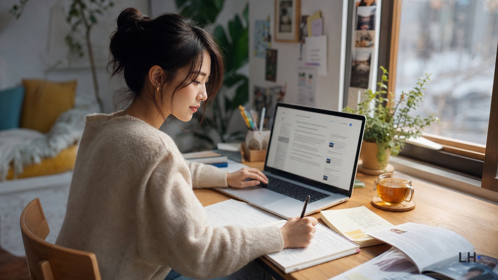 A woman researching online with an AI search answer and source links on a laptop.