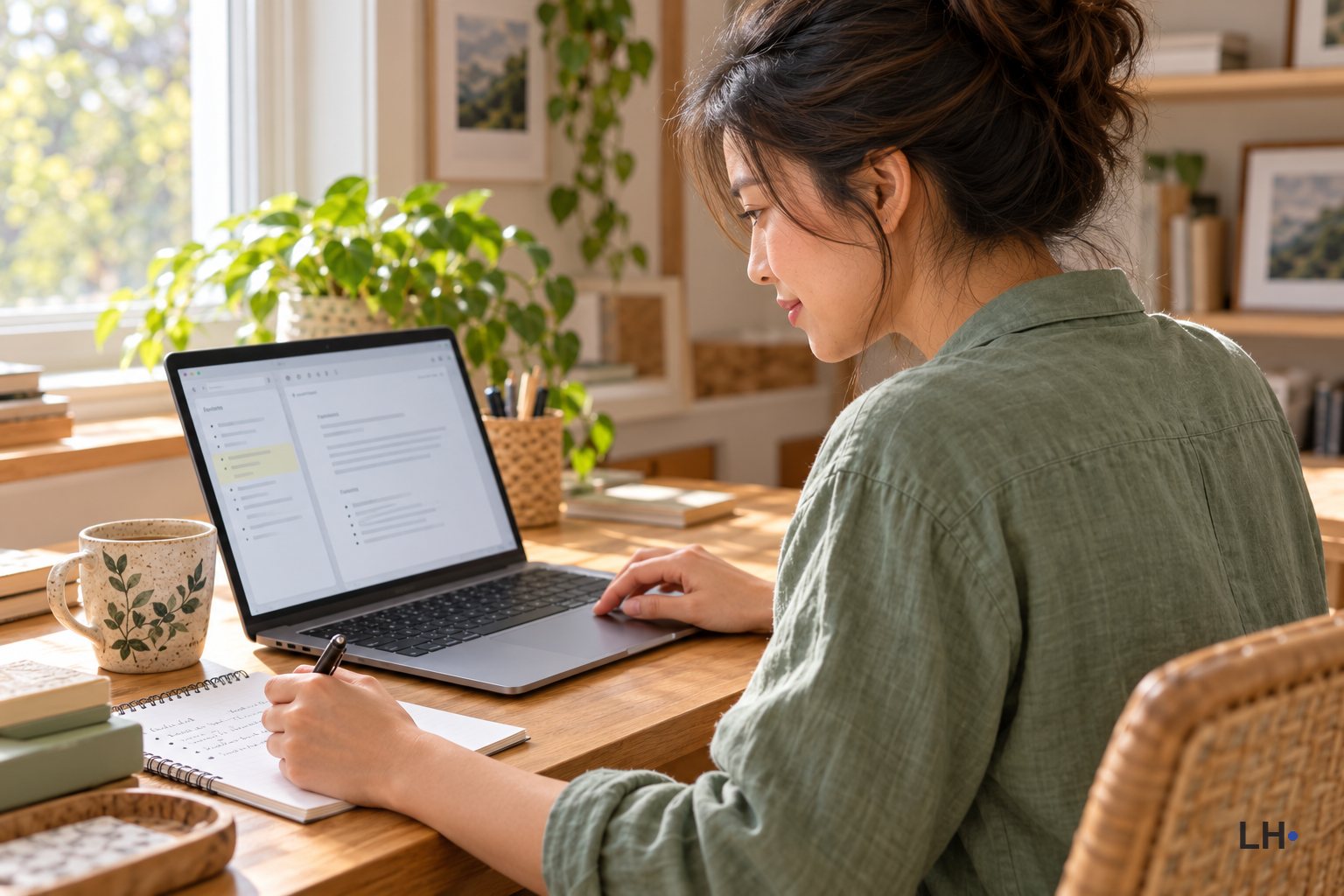 A woman reviews her laptop screen with a pen poised over an open notebook.