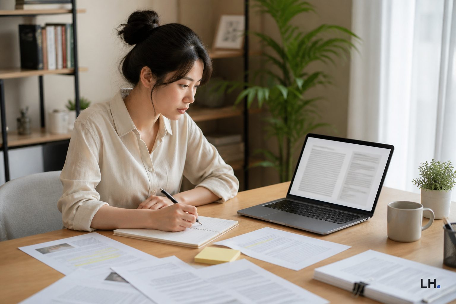 A woman taking notes beside a laptop showing a long article.