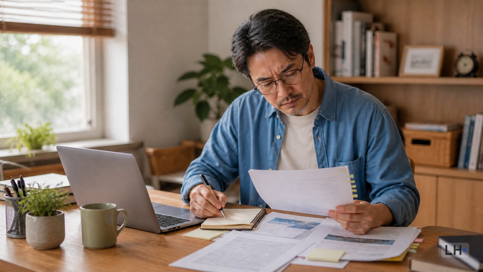 A man comparing printed documents and taking notes beside a laptop at a home workspace.