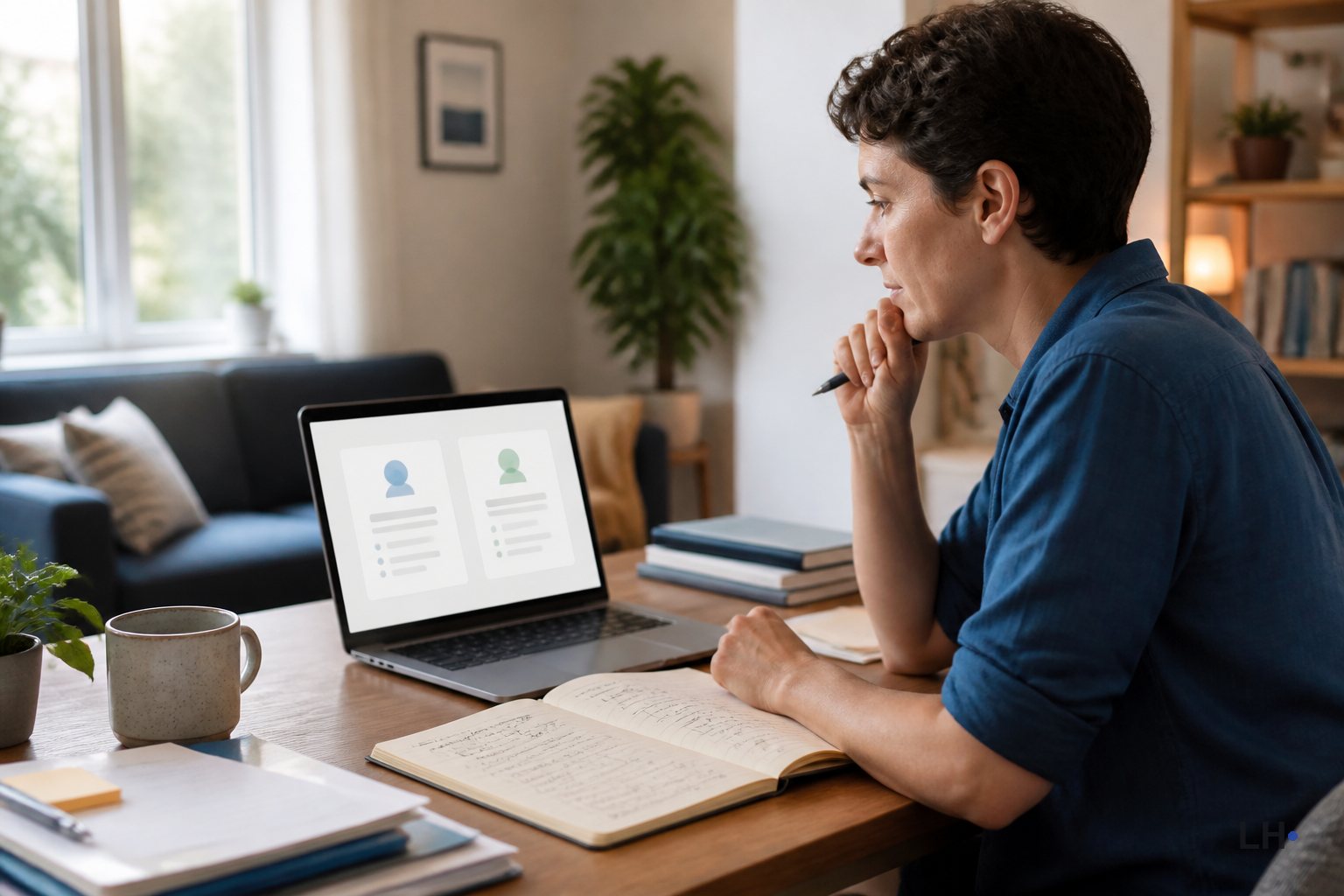A person compares two options on a laptop while keeping an open notebook and project files close at hand.