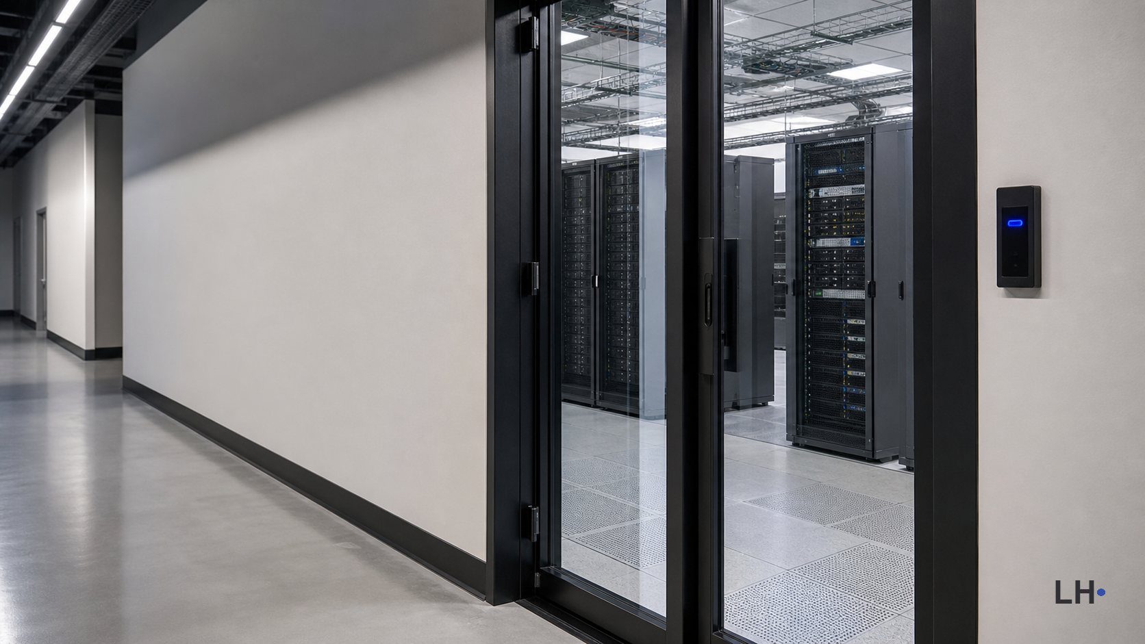 Editorial photo-style image of a secured data-center corridor with servers behind a glass access door.